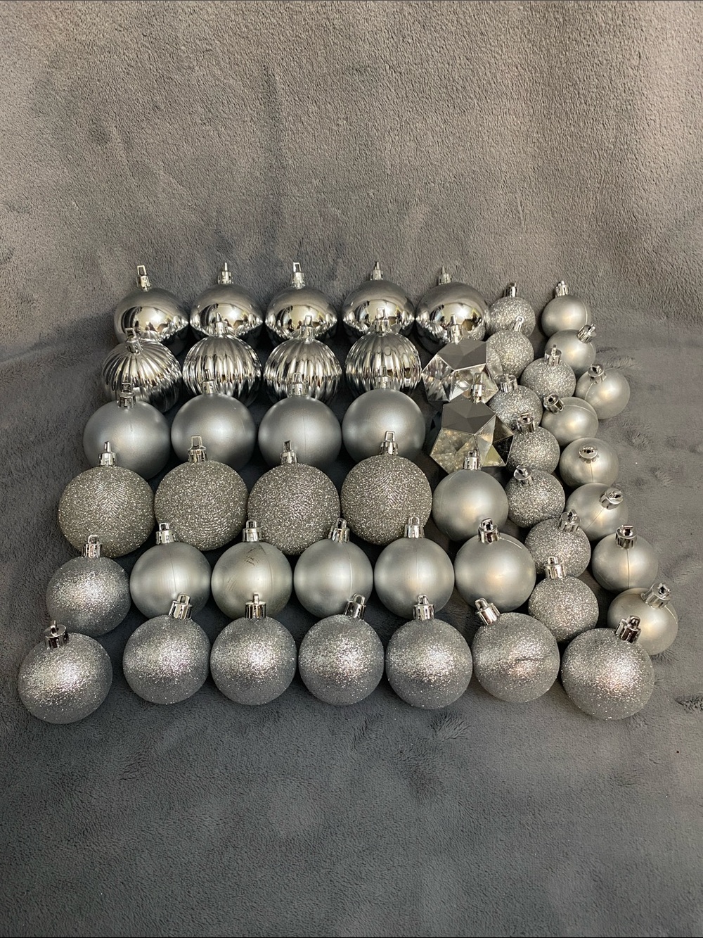 Lot of 49 Medium and Small Silver Christmas Ball Ornaments